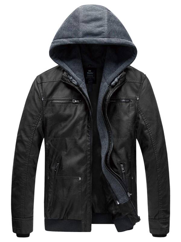 Herren Kunstlederjacke mit Abnehmbarer Kapuze